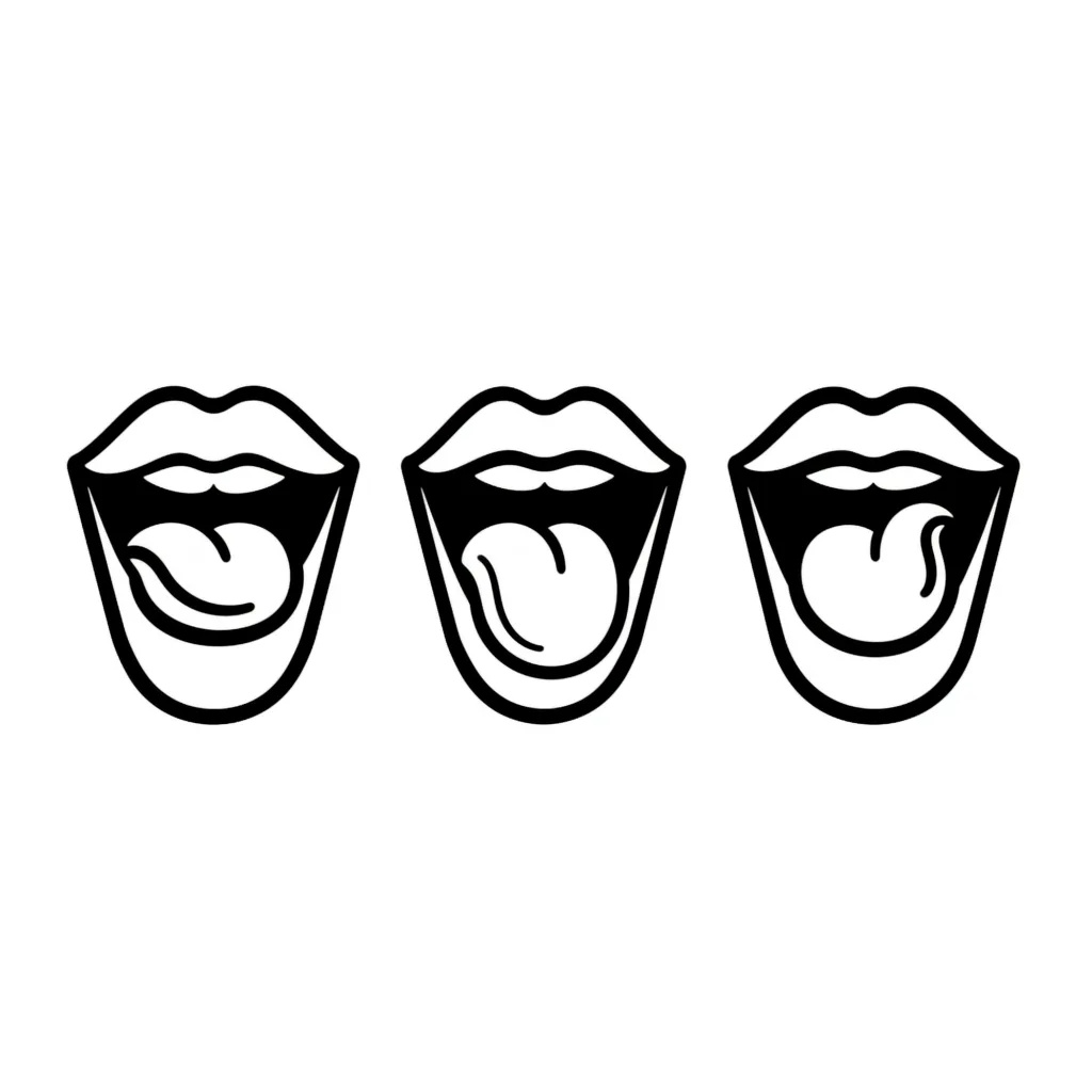 Three drawings of a mouth showing the tongue tip low, the tongue surface on the palate, and the tip curled up