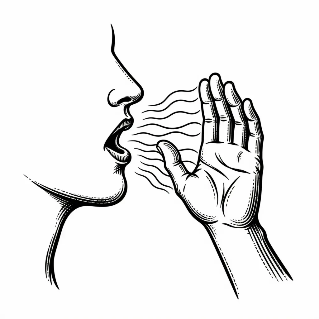 Illustration of a hand held in front of the mouth to feel the puff of air
