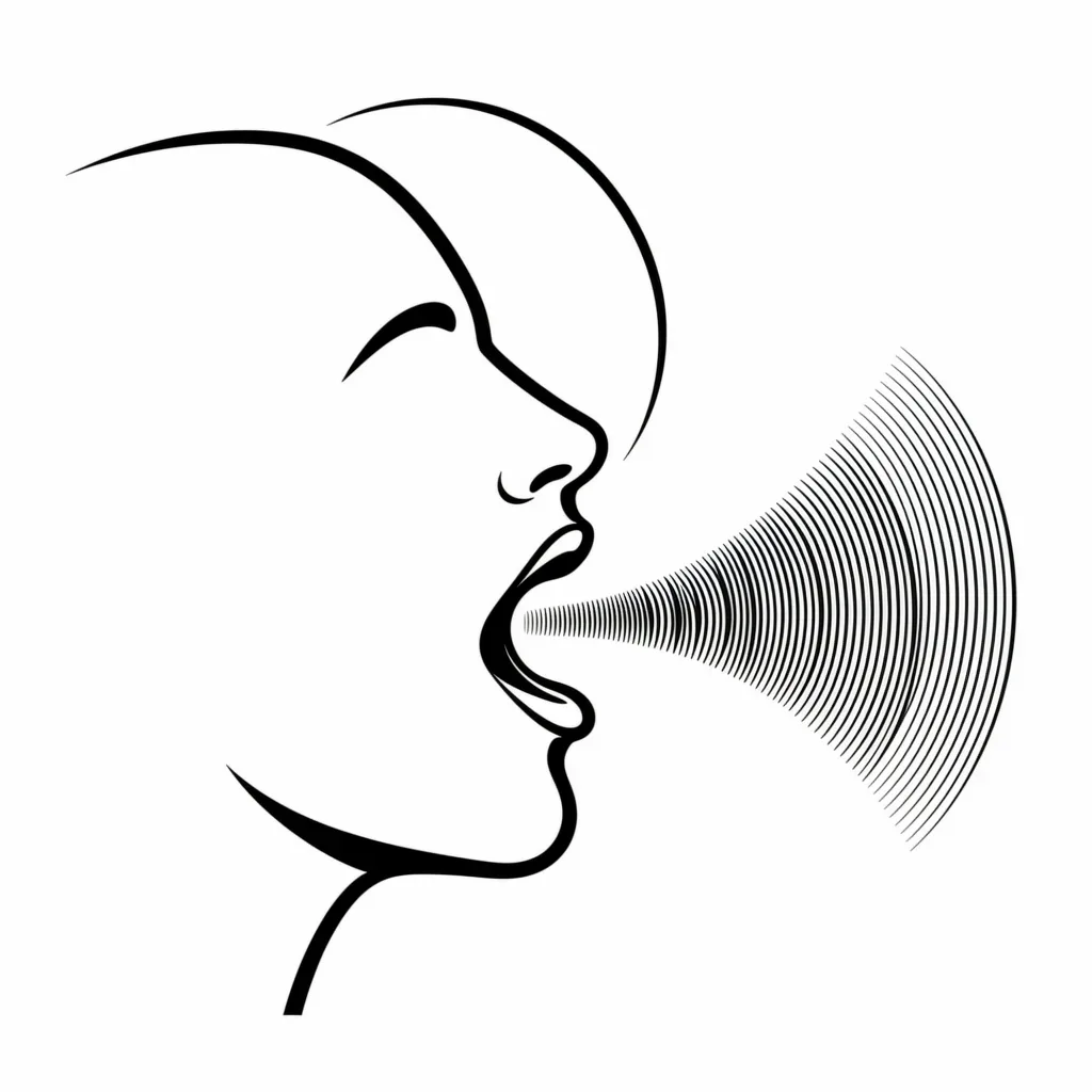 Line-art profile of a face emitting sound waves — the pronunciation station